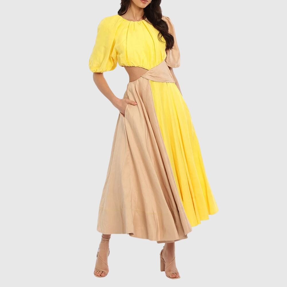 Aje Caliente Two Tone Midi Dress Daisy Yellow Bleach Coast Beige Puff Sleeve 8